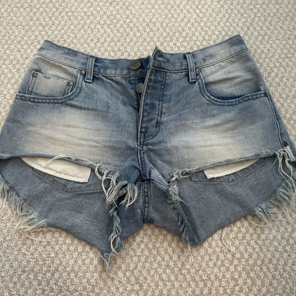 One Teaspoon Blue Distressed Jean Shorts Frayed Hem